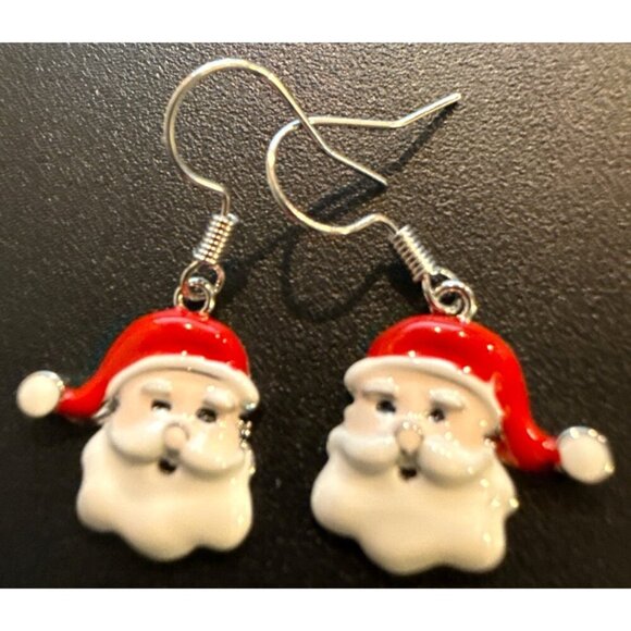 Santa Claus Dangling Hook Earrings Holiday Festive Jewelry Red & White - Picture 1 of 5